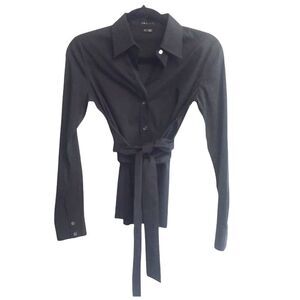 THEORY Felicity Button Front Long Sleeve Tie Waist Blouse Shirt Black XS